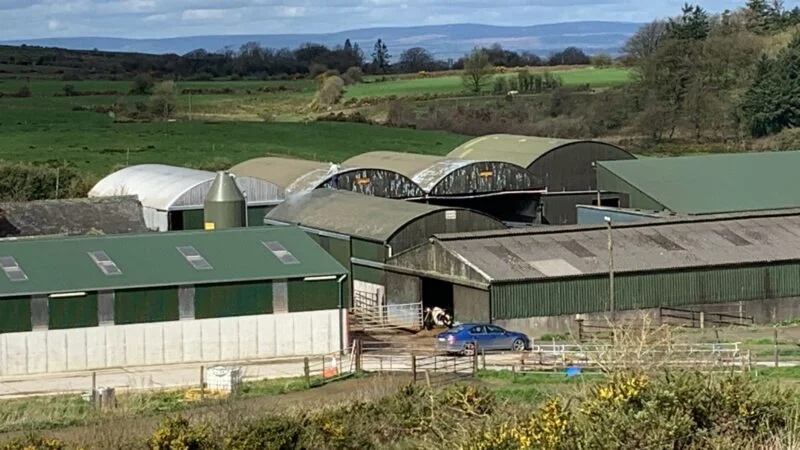 Row of farm outbuildings with fresh professional paint finish