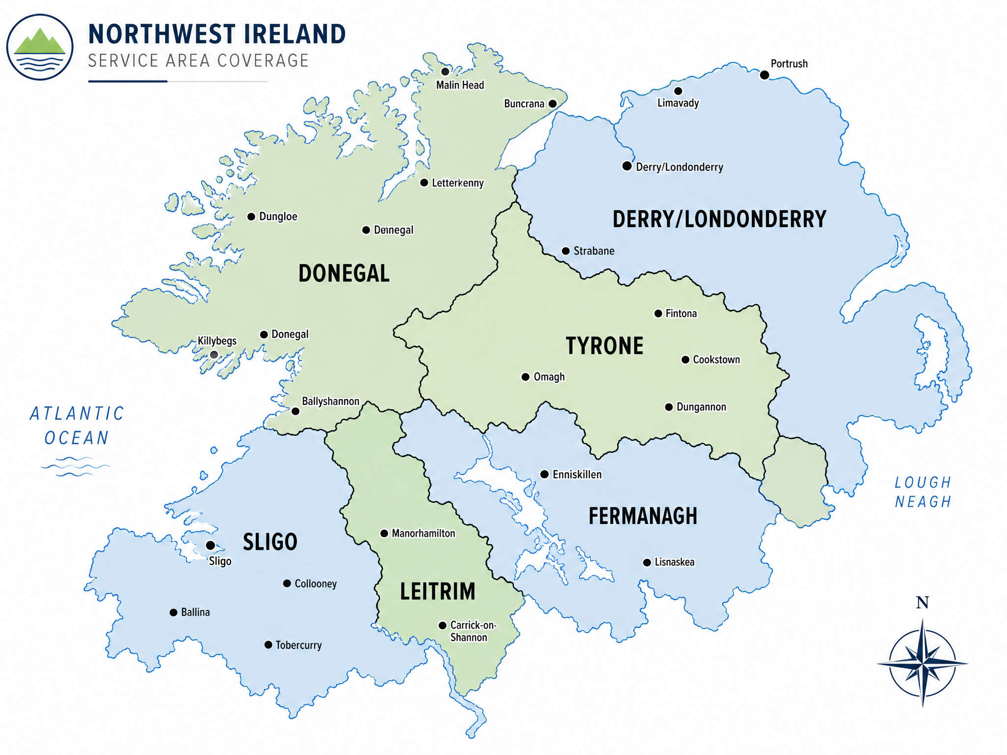 Map of Northern Ireland showing all six counties covered by Northwest Farm Sprayers